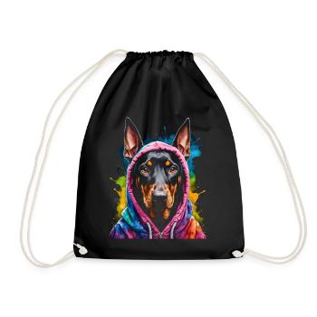 Dobermann Hoodie Hund Bunt Lustig Tier Print - Turnbeutel - Schwarz - Vorne