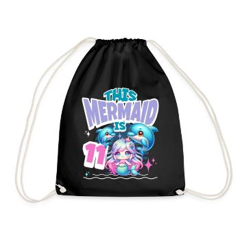 Mermaid 11th Birthday Girl Kids - Drawstring Bag - black - Front