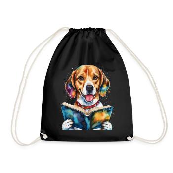 Beagle Reading Book Dog Funny Animal Design Print - Drawstring Bag - black - Front