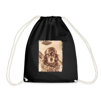 UFO Retro Vintage Uncanny Alien Winter Dog - Drawstring Bag - black - Front