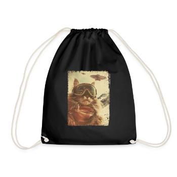 UFO Retro Vintage Uncanny Alien Ski Cat - Drawstring Bag - black - Front