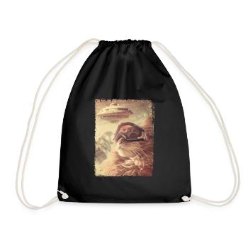 UFO Retro Vintage Uncanny Alien Ski Cat - Drawstring Bag - black - Front