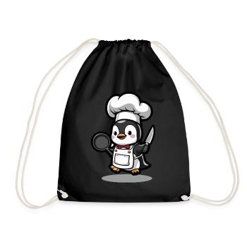 Cooking penguin with pan and knife - Drawstring Bag - black - Front