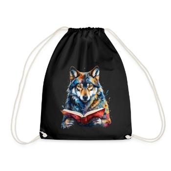 Wolf Lesen Buch Bunt Tier Design Print - Turnbeutel - Schwarz - Vorne