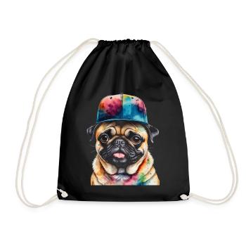 Pug Snapback Cap Dog Colorful Funny Design Print - Drawstring Bag - black - Front