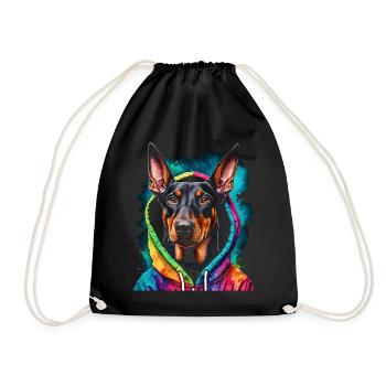 Dobermann Hoodie Hund Bunt Lustig Tier Print - Turnbeutel - Schwarz - Vorne