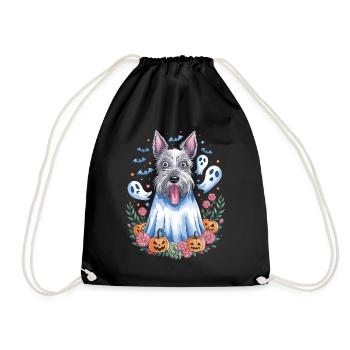 Cute Dog In Halloween Ghost Costume With - Drawstring Bag - black - Front