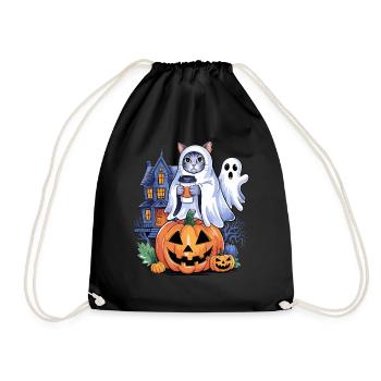 Chat d'Halloween avec citrouille et fantôme - Sac de sport léger - noir - Devant