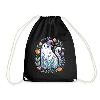 Halloween Geisterkatze Mit Hexenhut Und Blüten - Turnbeutel - Schwarz - Vorne