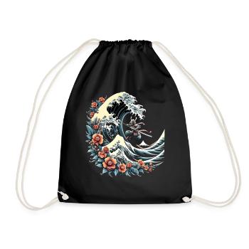 big wave of Kanagawa with flowers and samurai - Drawstring Bag - black - Front