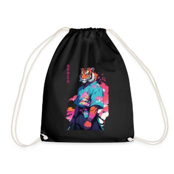Tiger Yokai Vaporwave Aesthetic Samurai Art - Drawstring Bag - black - Front