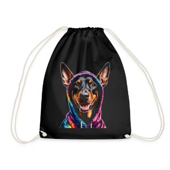 Dobermann Hoodie Hund Bunt Lustig Tier Print - Turnbeutel - Schwarz - Vorne