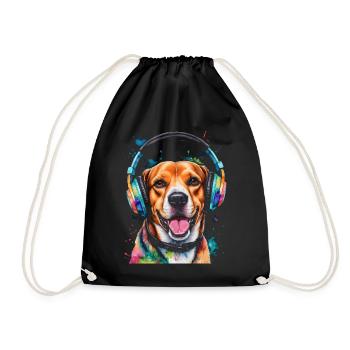 Beagle Headphones Dog Funny Animal Design Print - Drawstring Bag - black - Front