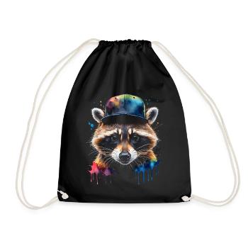 Raccoon Snapback Cap Colorful Animal Design Print - Drawstring Bag - black - Front