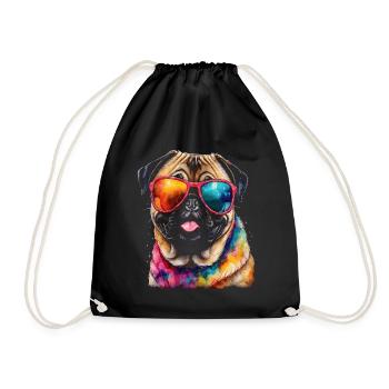 Pug Sunglasses Dog Colorful Funny Design Print - Drawstring Bag - black - Front