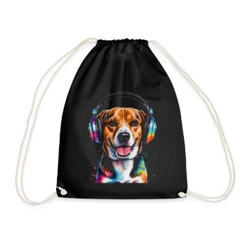 Beagle Headphones Dog Funny Animal Design Print - Drawstring Bag - black - Front