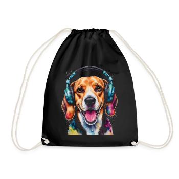 Beagle Headphones Dog Funny Animal Design Print - Drawstring Bag - black - Front