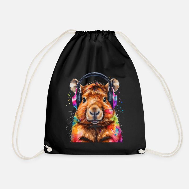 Capybara Kopfhörer Capy Bunt Tier Design Print - Turnbeutel - Schwarz