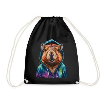 Capybara Hoodie Capy Bunt Tier Design Print - Turnbeutel - Schwarz - Vorne