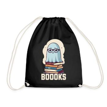 Cute book lover ghost with book - Drawstring Bag - black - Front