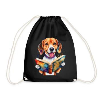 Beagle Reading Book Dog Funny Animal Design Print - Drawstring Bag - black - Front