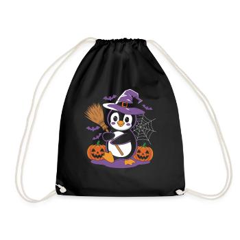 Pinguin Halloween Hexe mit Kürbissen und Besen - Turnbeutel - Schwarz - Vorne