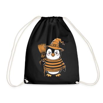 Cute Penguin Halloween Witch with Broom - Drawstring Bag - black - Front