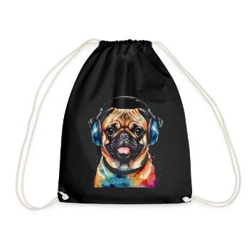 Pug Headphones Dog Colorful Funny Animal Design Print - Drawstring Bag - black - Front