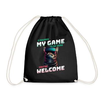 I just paused my game to be here - Cat with VR - Drawstring Bag - black - Front