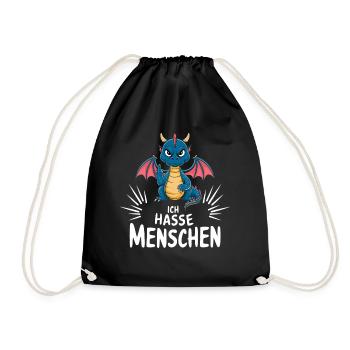 „Ich hasse Menschen“ – Frecher Drache mit Flügeln - Turnbeutel - Schwarz - Vorne