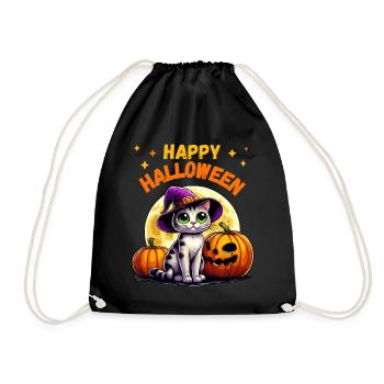 Halloween Cat Witch Hat Pumpkin Stars Cute - Drawstring Bag - black - Front