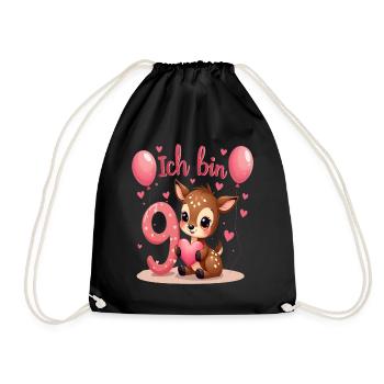 Cute Deer I'm 9 Kids 9th Birthday Girl - Drawstring Bag - black - Front