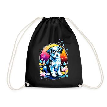 Cute puppy with lotus flowers - Drawstring Bag - black - Front