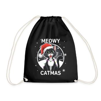 Meowy Catmas Christmas Cat Santa Hat Fun - Drawstring Bag - black - Front