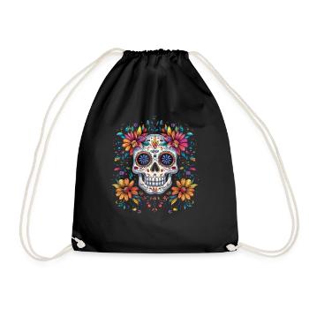 Jour de la mort Crâne en sucre avec des fleurs colorées - Sac de sport léger - noir - Devant