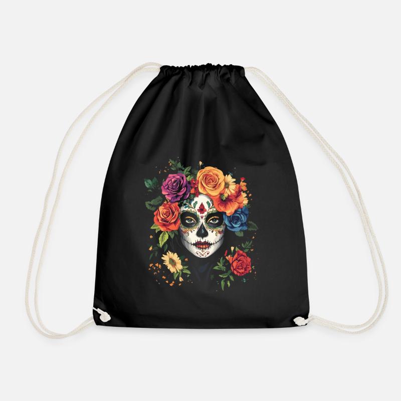 Bunte La Catrina mit Rosen und Blumen - Turnbeutel - Schwarz