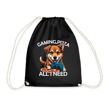 Funny Dog Gaming Pizza Gamer Gamer Gaming - Drawstring Bag - black - Front