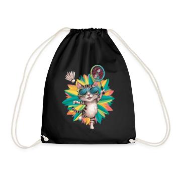 Katze Mit Sonnenbrille Beim Badminton - Turnbeutel - Schwarz - Vorne