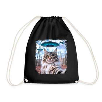Weird Funny Main Coon Cat Selfie with Alien UFOs. - Drawstring Bag - black - Front