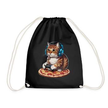 Funny Cats Gaming Pizza Gamer Gamer Gaming - Drawstring Bag - black - Front
