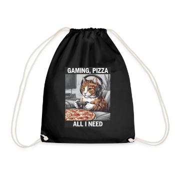 Funny Cats Gaming Pizza Gamer Gamer Gaming - Drawstring Bag - black - Front