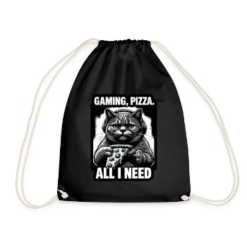 Funny Cats Gaming Pizza Gamer Gamer Gaming - Drawstring Bag - black - Front