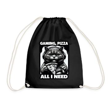 Funny Cats Gaming Pizza Gamer Gamer Gaming - Drawstring Bag - black - Front