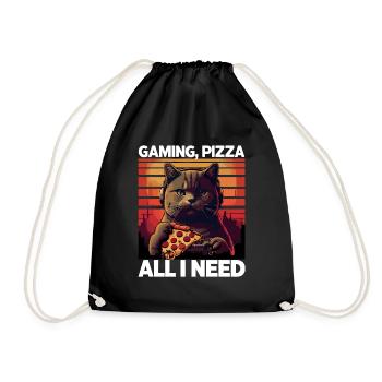 Funny Cats Gaming Pizza Gamer Gamer Gaming - Drawstring Bag - black - Front