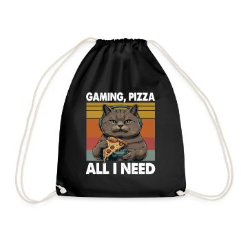 Funny Cats Gaming Pizza Gamer Gamer Gaming - Drawstring Bag - black - Front