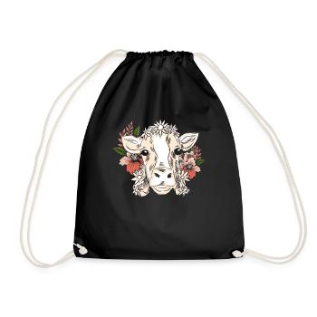 Cow with floral wreath floral pattern - Drawstring Bag - black - Front