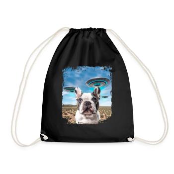 French Bulldog Dog Selfie with Alien UFOs. - Drawstring Bag - black - Front