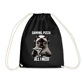 Funny Cats Gaming Pizza Gamer Gamer Gaming - Drawstring Bag - black - Front
