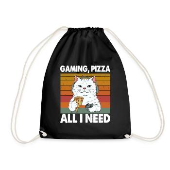 Funny Cats Gaming Pizza Gamer Gamer Gaming - Drawstring Bag - black - Front