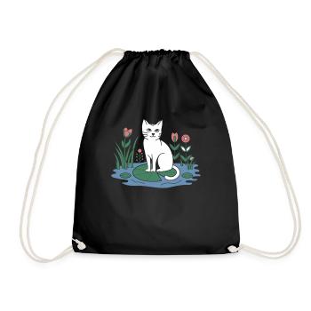 Cottagecore cat on lily pad in the garden - Drawstring Bag - black - Front